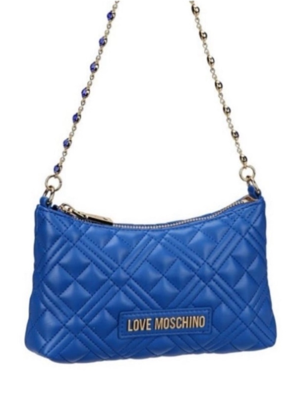 Love Moschino Mini Blue Quilter Bag with a Jeweled Strap
